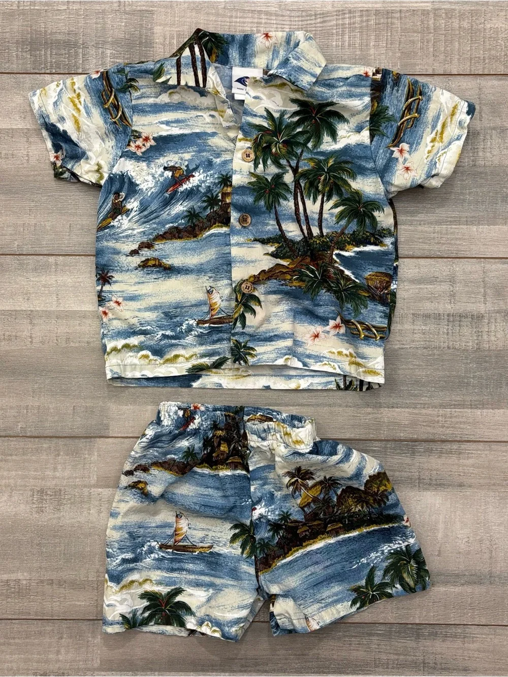 Vintage Nui Nalu Kids Size 2 Tropical Hawaiian Surf Shirt Shorts Set 100% cotton